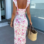 Women's Floral Midi Dress Sweetheart Neck Flutter Sleeve Side Slit Sundress Backless Vacation Dress with Built in Bra