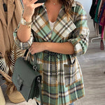 Women's Plaid Drawstring Waist Lapel Mid Length Coat Casual Roll Up Sleeve Jacket