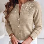 Women's Pearl Beaded Knit Cardigan Elegant Hollow Out Crop Sweater Casual Button Down Coat