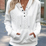 Long Sleeve Half Snap Buttons Front Drawstring Hoodie Sweatshirt Casual Kangaroo Pocket Drop Shoulder Cable Textured Top