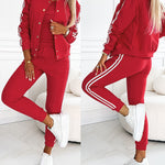 3 Pieces Outfit Snap Buttons Front Coat and Elastic Waist Seam Front Stretchy Cuffs Pants Set with Tank Top Casual Contrast Side Striped Tracksuit