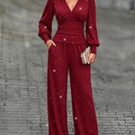 Women's 2 Piece Glitter Set Deep V Neck Lantern Sleeve Ruched Top and Wide Leg Pants with Pockets