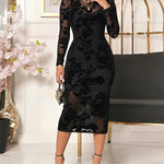 Women's Flocked Floral Mesh Dress Set Mock Neck Long Sleeve Bodycon Dress Sheer Lace Party Midi Dress with Camisole Slip Dress