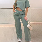 2 Pieces Outfit O-neck Short Sleeve Side Slit Top and Casual Drawstring Elastic Waist Seam Front Wide Leg Pants Set