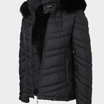 Zipper Pocket Design Shirred Fuzzy Trim Fleece Lined Hooded Puffer Jacket