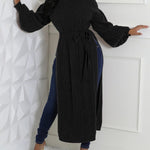 Cable Textured High Neck Lantern Sleeve Bow Tie Waist Sweater Casual High Slit Knit Longline Top