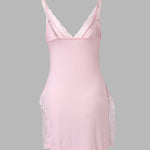 Lace Trim Adjustable Straps Side Slit Bowknot Decor Modal Cami Sleep Dress