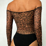 Allover Rhinestone Decor Leopard Print Off Shoulder Long Sleeve Slim Fit Sheer Mesh Bodysuit with Thumb Hole Cuffs