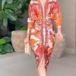 Vintage Baroque Deep V Neck Long Sleeve Slit Bodycon Dress Casual Ruched Slim Fit Vacation Dress