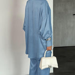 2 Pieces Outfit Turn-down Collar Long Sleeve Button Front Curved Hem Top and Drawstring Elastic Waist Pants Set