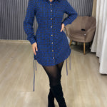 Women's Vintage Plaid Drawstring Long Sleeve Casual Dress Shirred Button Down Shirt Dress
