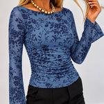 Women's Flocked Floral Boat Neck Sheer Mesh Long Sleeve Top Ruched Pullover