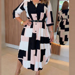 Women's Colorblock Geometric Shirt Dress Casual Three-Quarter Sleeves Asymmetrical Hem Commuting Dress with Belt