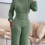 2 Pieces Outfit O-neck Long Sleeve Cinched Waist Sweatshirt and Elastic Waist Wide Leg Pants Set Casual Seam Design Sweatpants Set