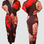 Floral Placement Print Deep V-Neck Front Slit Dress Ruched Slim Fit Vacation Dress