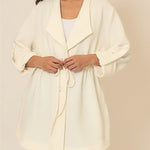 Women's Textured Drawstring Waist Lapel Coat Mid-length Roll Up Sleeve Button Front Trench Jacket