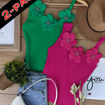 2 Pack Solid 3D Flower Tank Top Asymmetrical Neck Sleeveless Casual Ribbed Knit Camisole