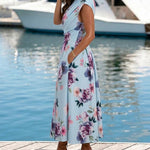 Women's Skew Neck Midi Dress Elegant Ruched Floral A-Line Dress High Waisted Vacation Dress with Pockets