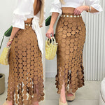 Women’s Lace Tassel Trim Bodycon Skirt Hollow-Out Detail High Waist Pencil Skirt with Side Zipper