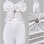 2 Pieces Outfit 3D Flower Decor Sweetheart Neck Thick Straps Shirred Back Crop Top and Casual Elastic Back Waist Shorts Set