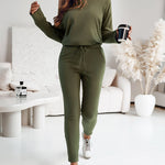 2 Pieces Outfit Long Sleeve Skew Neck Pullover Top and Drawstring Elastic Waist Slim Fit Pants Set