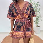 Women's Tropical Print Romper V Neck Wrap Knot Side Jumpsuit Half Sleeve Beach Vacation Summer Skorts Romper