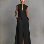 Women's Jet Black Woven Dress With Sleeveless Silhouette & Side Pockets, Modern Effortless-Chic Style Dress