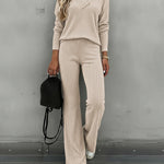 2 Pieces Outfit Button Decor V-Neck Long Sleeve Top and Elastic Waist Straight Leg Pants Set Casual Ribbed Set