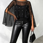 Women's 2 Piece Set Split Sleeve Pearl Sheer Chiffon Cape Top with Cami Top