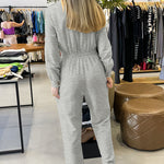 Turn-down Collar Overlap V-Neck Drawstring Stretchy Waist Jumpsuit Casual Flap Pockets Design Jumpsuit