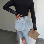 Women's Rhinestone V-Neck Long Sleeve Tee Slim Fit Sparkly Fitted Top