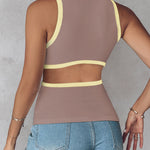 Women's Ribbed Contrast Trim Tank Top Sleeveless Crew Neck Cutout Slim Fit Stretch Casual Top
