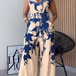 Floral Print Off Shoulder Sleeveless Deep V-Neck Jumpsuit Casual Zipper Side Wide Leg Jumpsuit