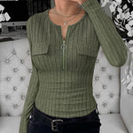 Long Sleeve Half Zip Flap Detail Ribbed Tee Slim Fit Brushed Top