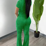 2 Pieces Outfit Round Neck Short Sleeve Crop Top and Elastic Waist Flared Pants Set Slim Fit Textured Set (Multiple Colors Available)