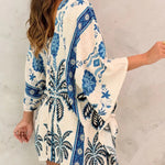 Vintage Tropical Plants & Floral Print Open Front Half Sleeve Cover-up Casual Hollow-out Back Loose Fit Cardigan