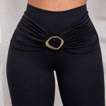 Women's High Waisted Ruched Leggings Gold Ring Accent Skinny Yoga Pants Stretchy Soft Workout Tights with Pockets