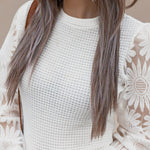 Women's Crewneck Long Sleeve Lace Sunflower Patchwork Waffle Knit Top