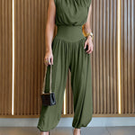 Padded Shoulders Sleeveless Cinched Waist Side High Slit Overalls Casual Hollow-out Back Ruched Jumpsuit