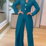 Notched Collar Long Sleeve Button Front Jumpsuit Casual Cinched Waist Wide Leg Faux Two Piece Jumpsuit