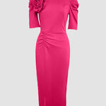 3D Flower Decor Round Neck Puff Sleeve Bodycon Dress Casual Ruched Slit Zipper Back Work Dress