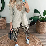2 Piece Sequin Heart Pattern Mock Neck Long Sleeve Slit Top Leopard Print High Waist Cuffed Pants Lounge Sets