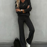 2 Pieces Outfit Button Decor V-Neck Long Sleeve Top and Elastic Waist Straight Leg Pants Set Casual Ribbed Set