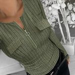 Long Sleeve Half Zip Flap Detail Ribbed Tee Slim Fit Brushed Top