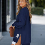 Letter Patch Detail Long Sleeve Drop Shoulder Pullover Sweatshirt Casual Zipper Side Slit Top