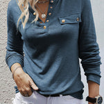 Ribbed Snap Button Henley Long Sleeve Top