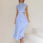 Stand Collar Solid Color Hollow Waist Long Dress