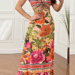 Mexico Style Tropical Print Ring Cutout Lace-up Vacation Maxi Dress