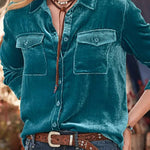 Retro Lapel Collar Button Pockets Detail Long Sleeve Velvet Blouse