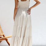 Margovil V Neck Ruffle Trim Tiered Sleeveless Linen Maxi Dress